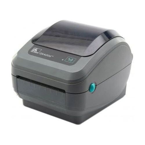 Zebra GK420d thermal label printer, compact black device with paper roll, used for printing barcode and shipping labels.