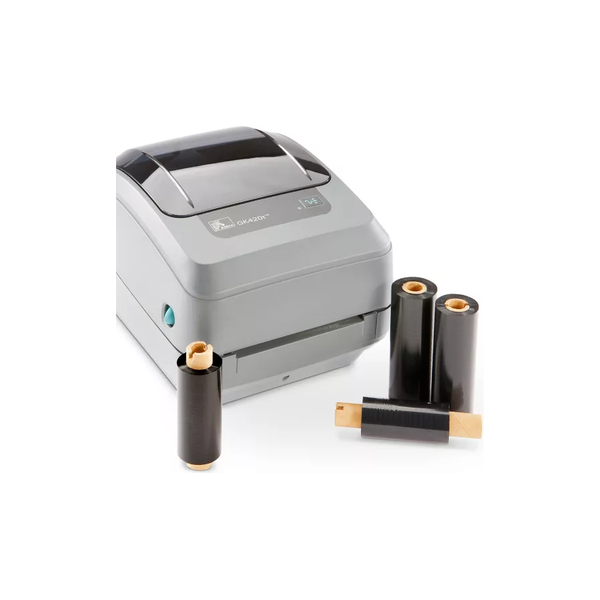 Zebra thermal transfer ribbon roll for barcode printers, showing black ink on white ribbon with packaging details.
