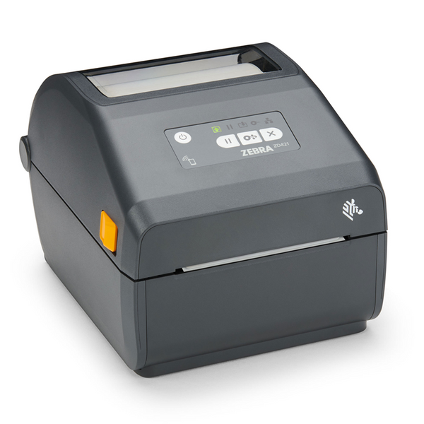 Zebra ZD421 direct thermal printer showing a compact black printer with control buttons and paper roll inside.