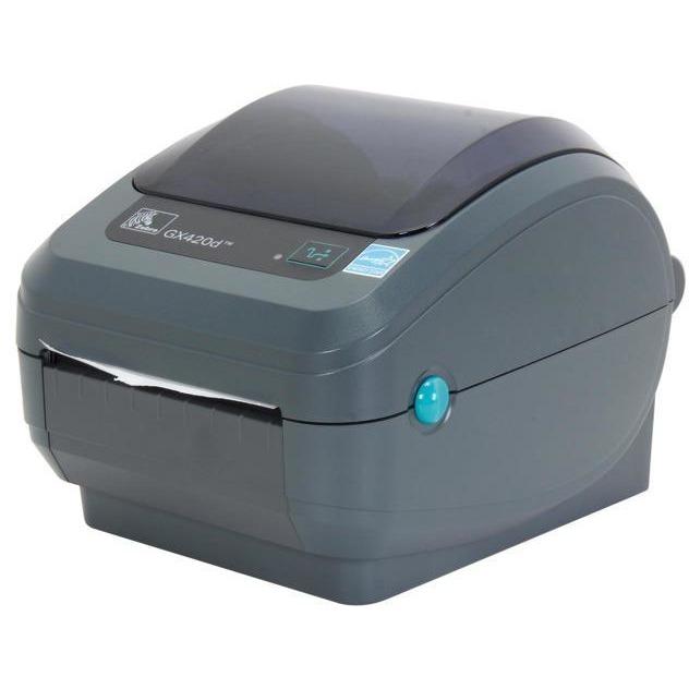 Zebra GX420D desktop thermal printer with paper loaded, showing compact design and control panel.