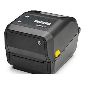 Zebra ZD421 direct thermal printer showing front view with paper roll and control buttons.