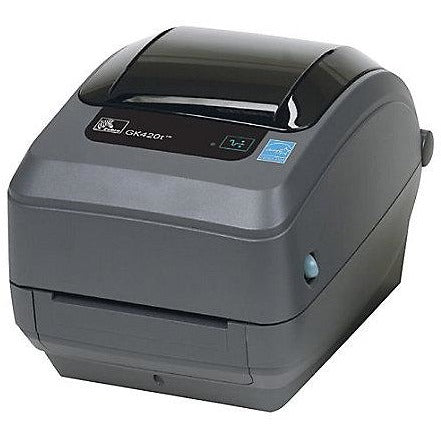 Zebra GK420t desktop thermal printer with compact design and control panel, ideal for label printing.