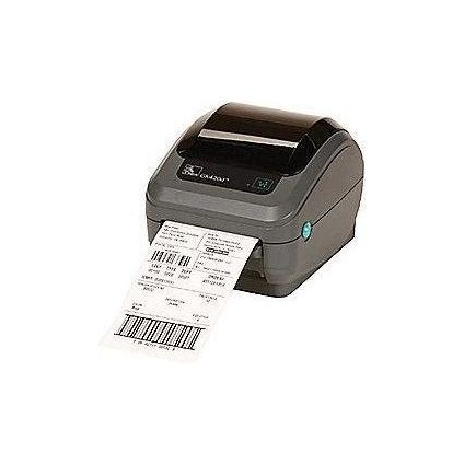Zebra GK420d desktop thermal printer with compact design, black color, and paper feed tray, ideal for label printing.