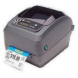 Zebra GX420t desktop thermal printer shown with paper loaded, compact design, and control panel for label printing.