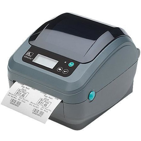 Zebra GX420D desktop thermal printer with compact design, black color, and paper roll loaded, ready for label printing.