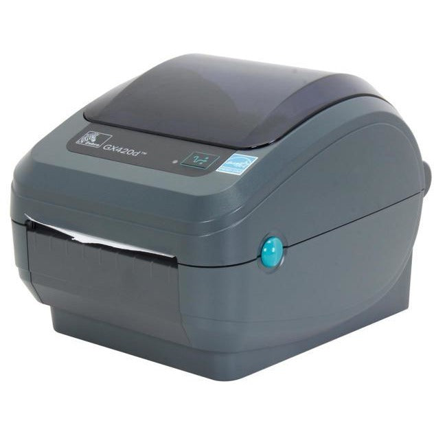Zebra GX420d desktop thermal printer with compact design and control panel, ideal for barcode and label printing.
