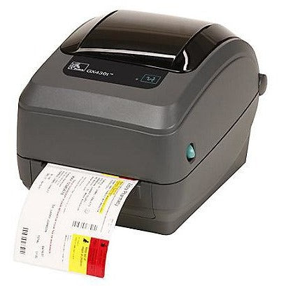 Zebra GX430T desktop thermal printer showing front view with label output and control buttons on the top.