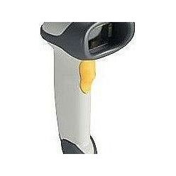 Motorola Symbol LS2208 white barcode scanner showing handheld device with scanner window and ergonomic design.